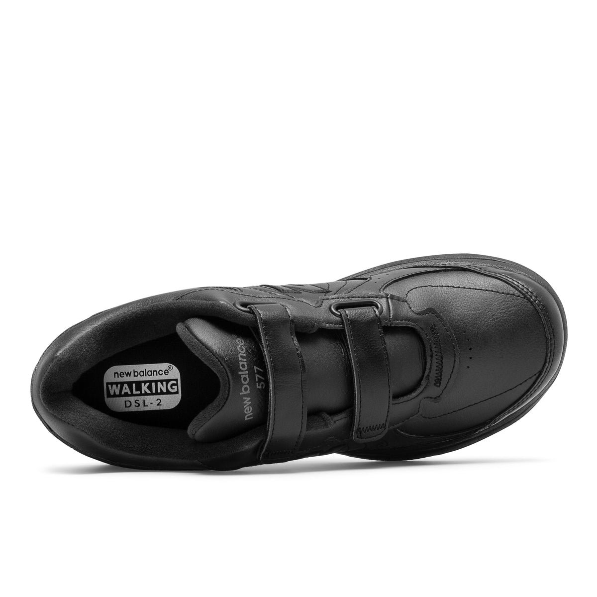 Allen's Bootery New Balance 577 black leather walking shoe with alternative hook-and-loop closure, top-down view.