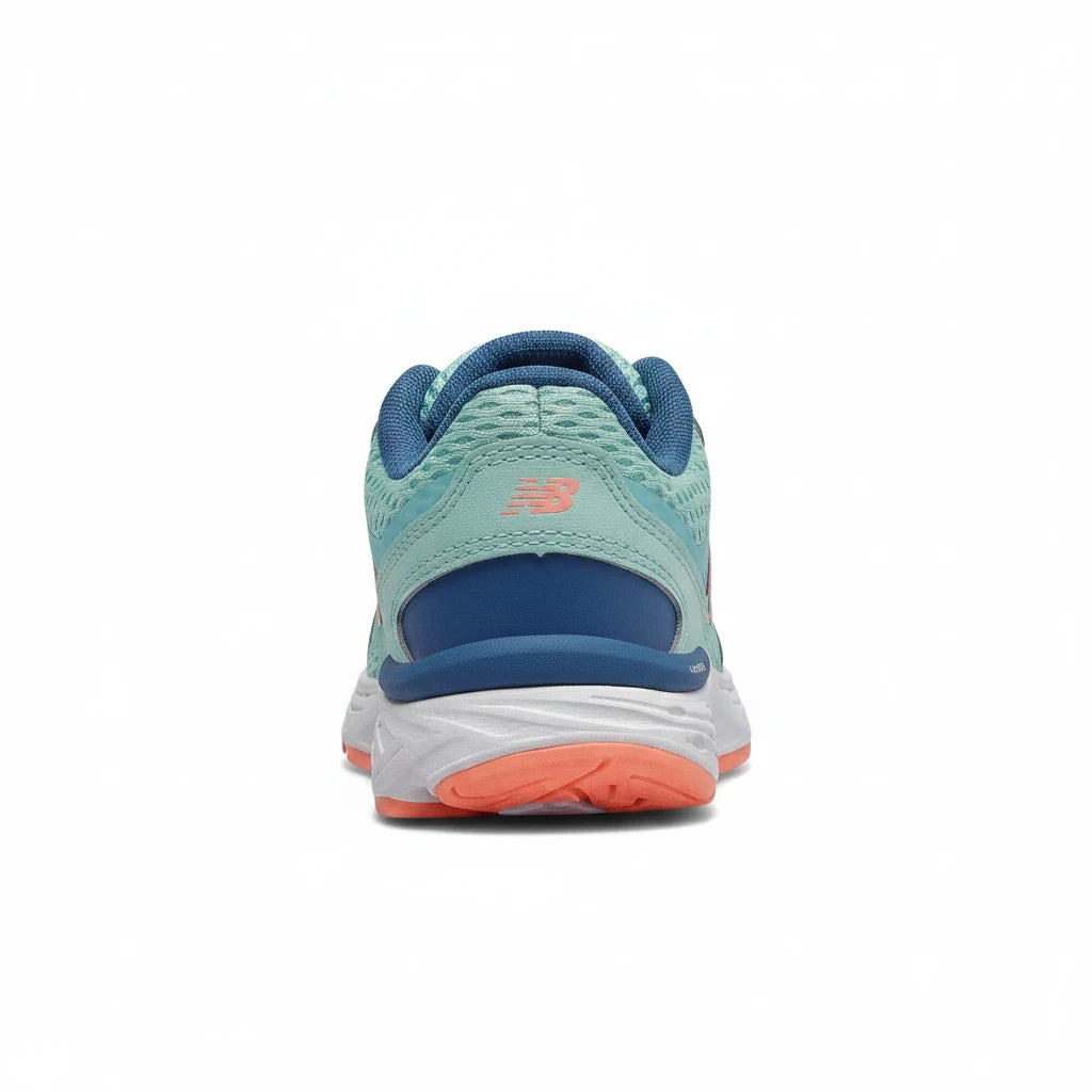 Allen's Bootery New Balance 680 kids running shoe in bali blue and ginger pink with mesh upper and ABZORB midsole