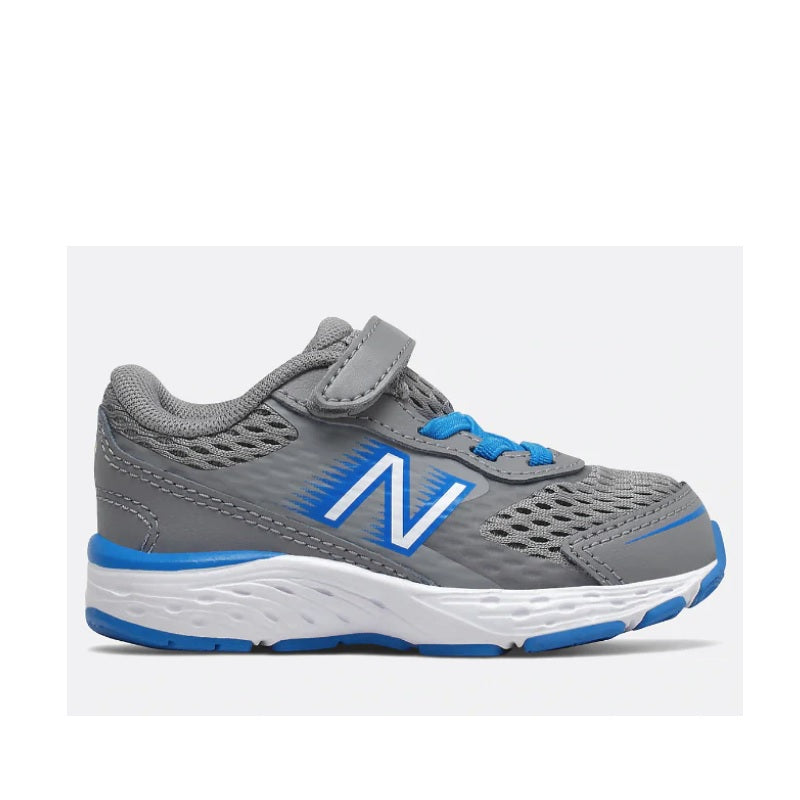 Allen's Bootery New Balance 680 v6 infant running shoe in grey and blue with mesh upper and hook-and-loop strap.