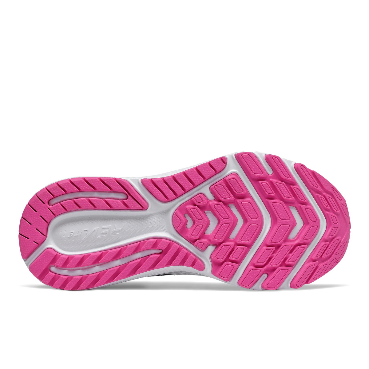 Allen's Bootery New Balance 519 V2 kids' running shoe sole in bright pink and white with durable rubber tread