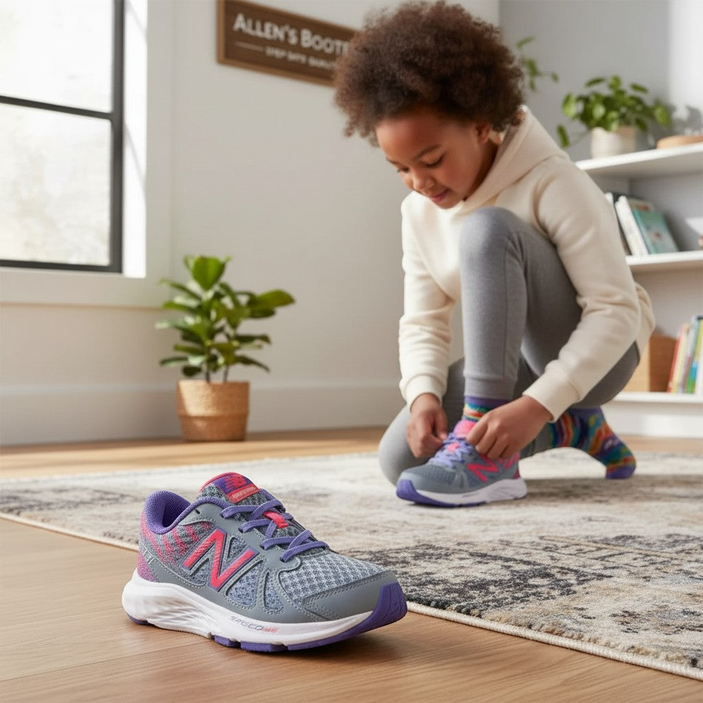 Allen's Bootery New Balance 690v4 kids sneakers in purple and pink with 3D screen-printed overlays on a wooden floor