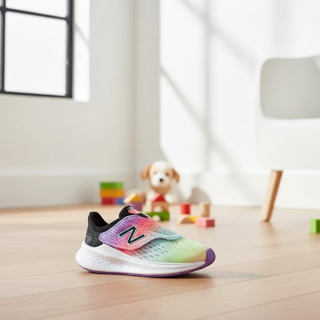 Allen's Bootery New Balance Fresh Foam toddler running shoe in neo violet rainbow mesh with white midsole