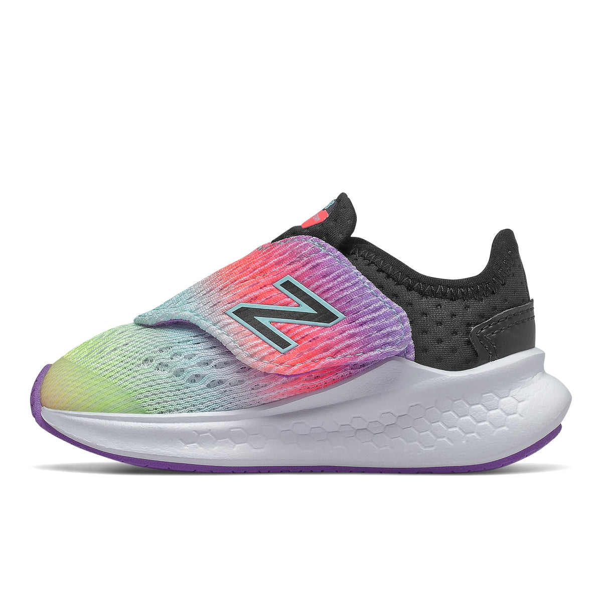 Allen's Bootery New Balance Fresh Foam toddler running shoe in neo violet multi-color mesh with hook-and-loop strap