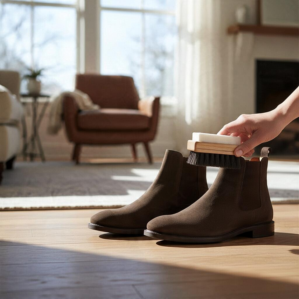 Allen's Bootery SAS nubuck brush and eraser kit cleaning dark brown suede boots in a bright, cozy living room.