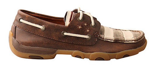 Allen's Bootery Twisted X patriotic driving moc in brown leather with American flag-inspired toe and white laces