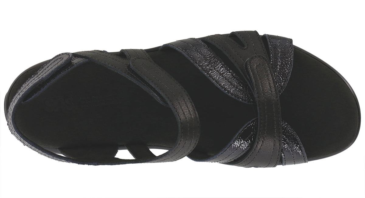 Allen's Bootery Pier black sandal with adjustable straps, cushioned insole, and shock-absorbing sole for comfort.