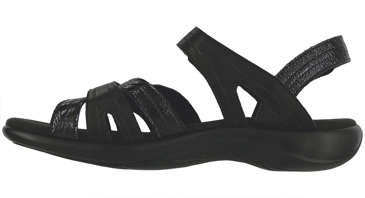 Allen's Bootery Pier black sandal with adjustable straps, cushioned insole, and shock-absorbing sole, side view.
