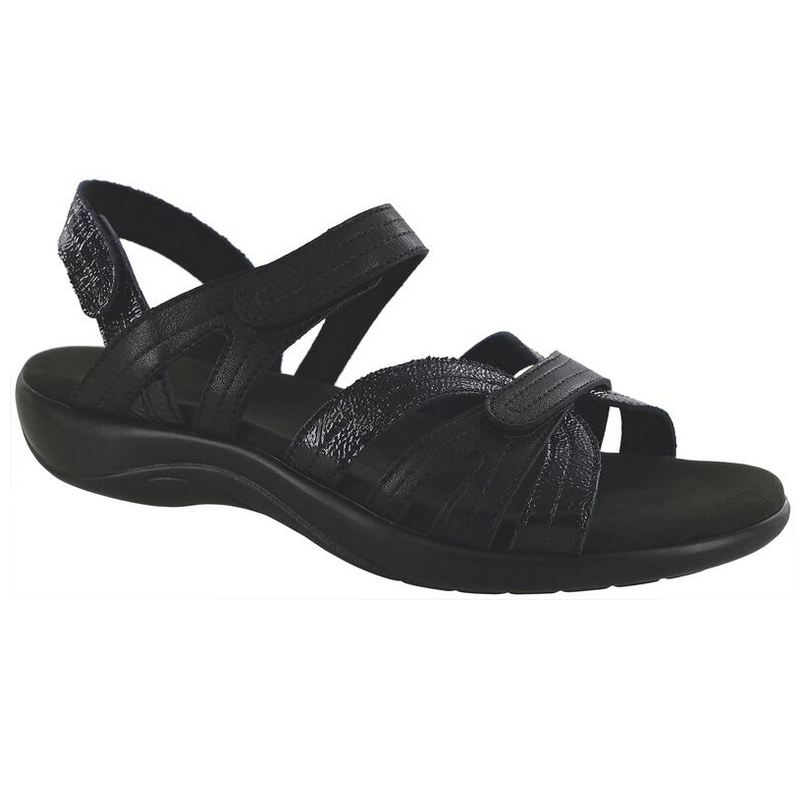 Allen's Bootery Pier black sandals with adjustable straps, cushioned insole, and shock-absorbing sole.