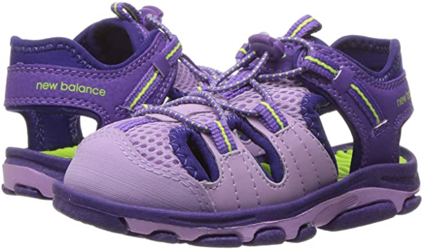Allen's Bootery purple and lilac closed-toe kids' sandals with mesh panels, bungee lacing, and rugged outsoles.
