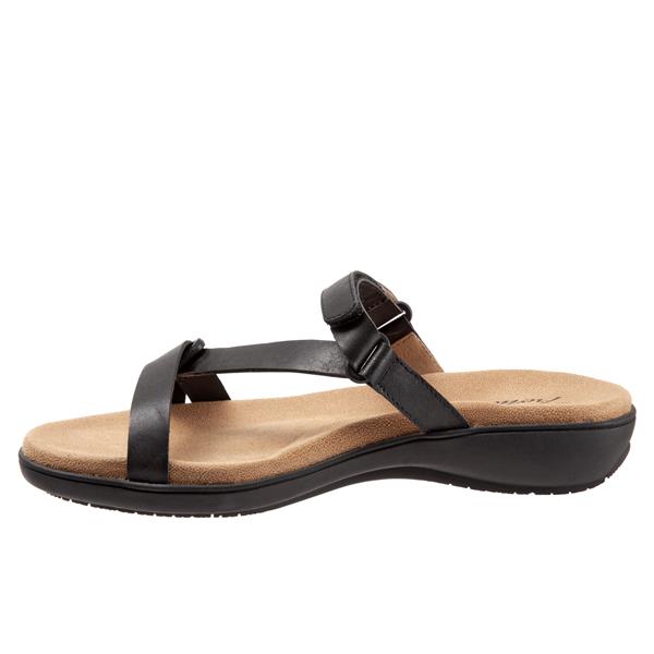 Allen's Bootery Raja black leather sandal with slim adjustable straps, memory foam footbed, and flexible rubber sole.
