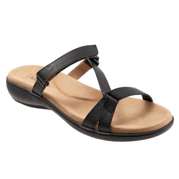 Allen's Bootery Raja black leather sandal with slim adjustable straps, memory foam footbed, and flexible rubber sole.