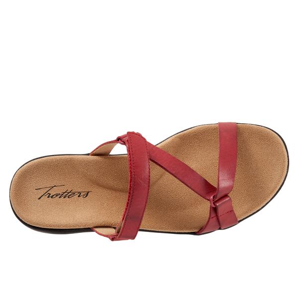 Allen's Bootery Raja red leather sandal with slim asymmetric straps and a comfortable molded footbed