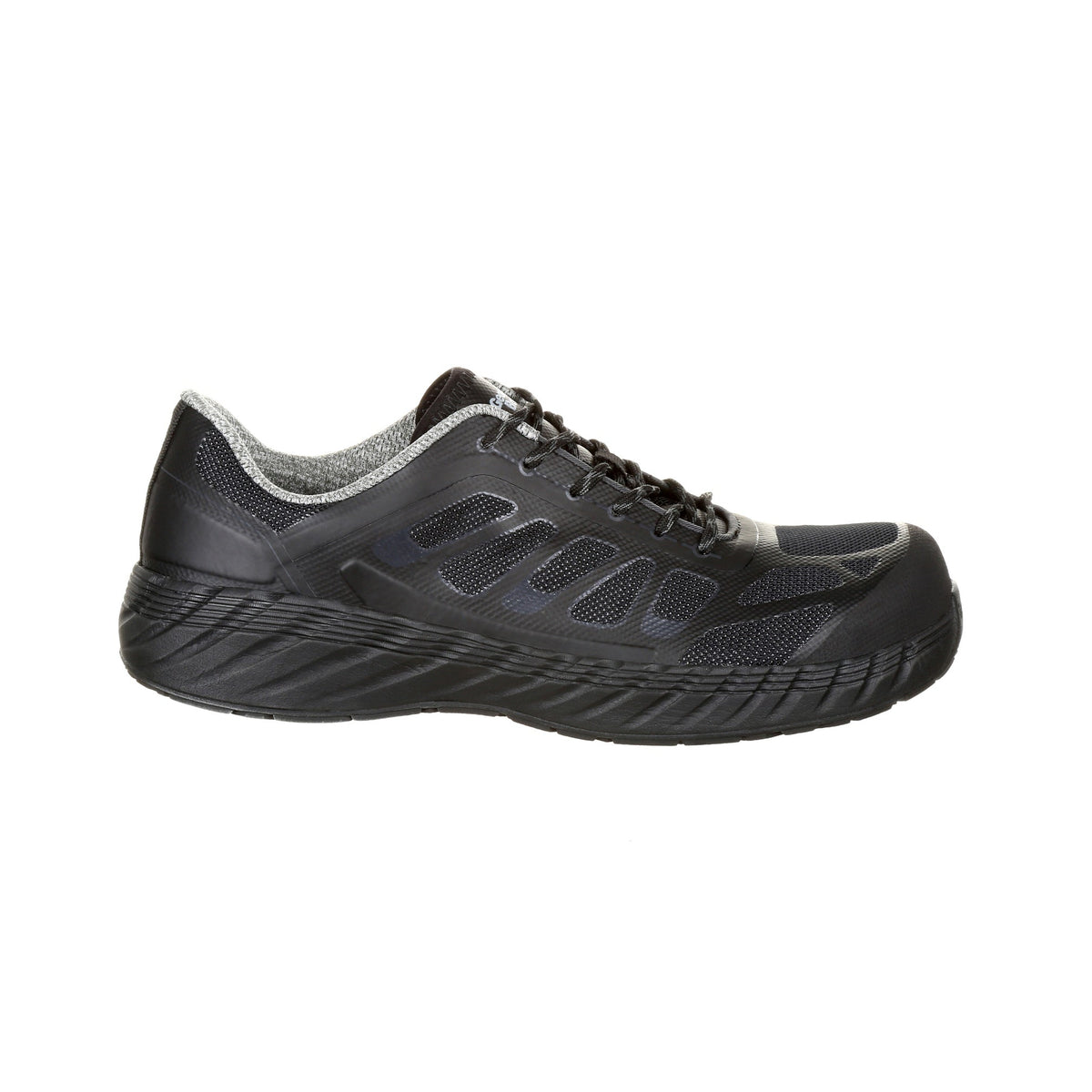 Allen's Bootery ReFLX black composite toe work athletic shoe with breathable mesh and durable TPU overlay.