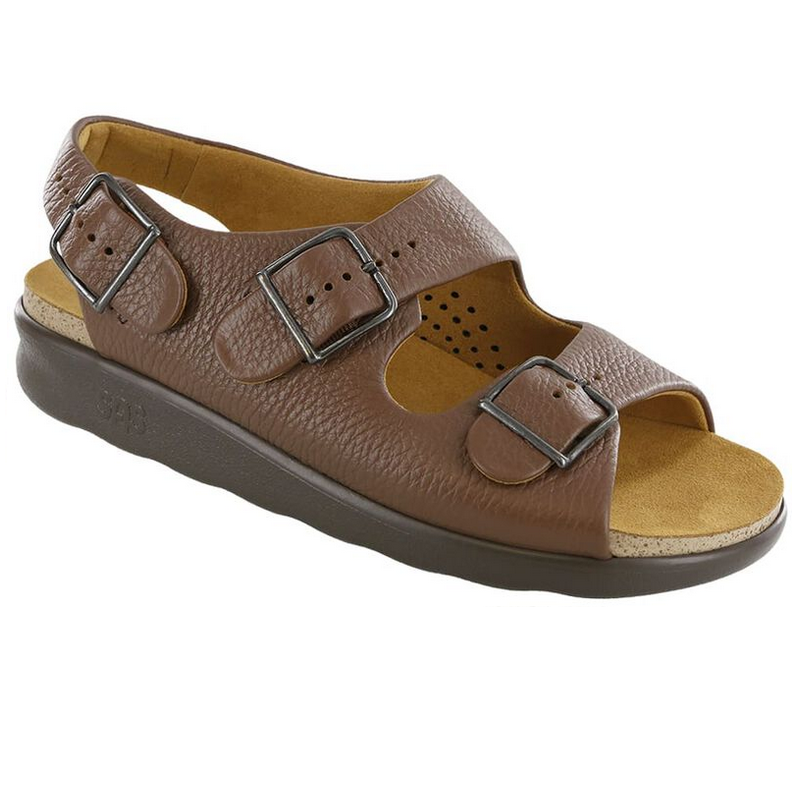 Allen's Bootery Relaxed amber brown leather sandal with three adjustable buckle straps and cushioned footbed