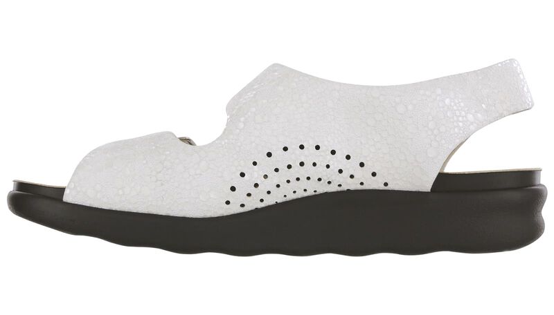 Allen's Bootery Relaxed vanilla white leather sandal with cushioned straps, side cutouts, and a dark contoured sole.