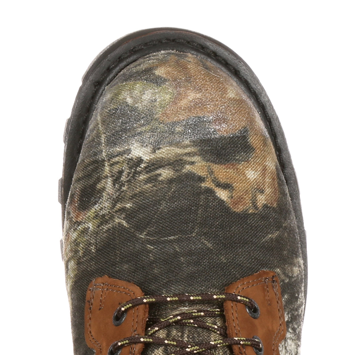 Allen's Bootery Rocky BearClaw hunting boot featuring Mossy Oak camouflage nylon and brown full-grain leather toe