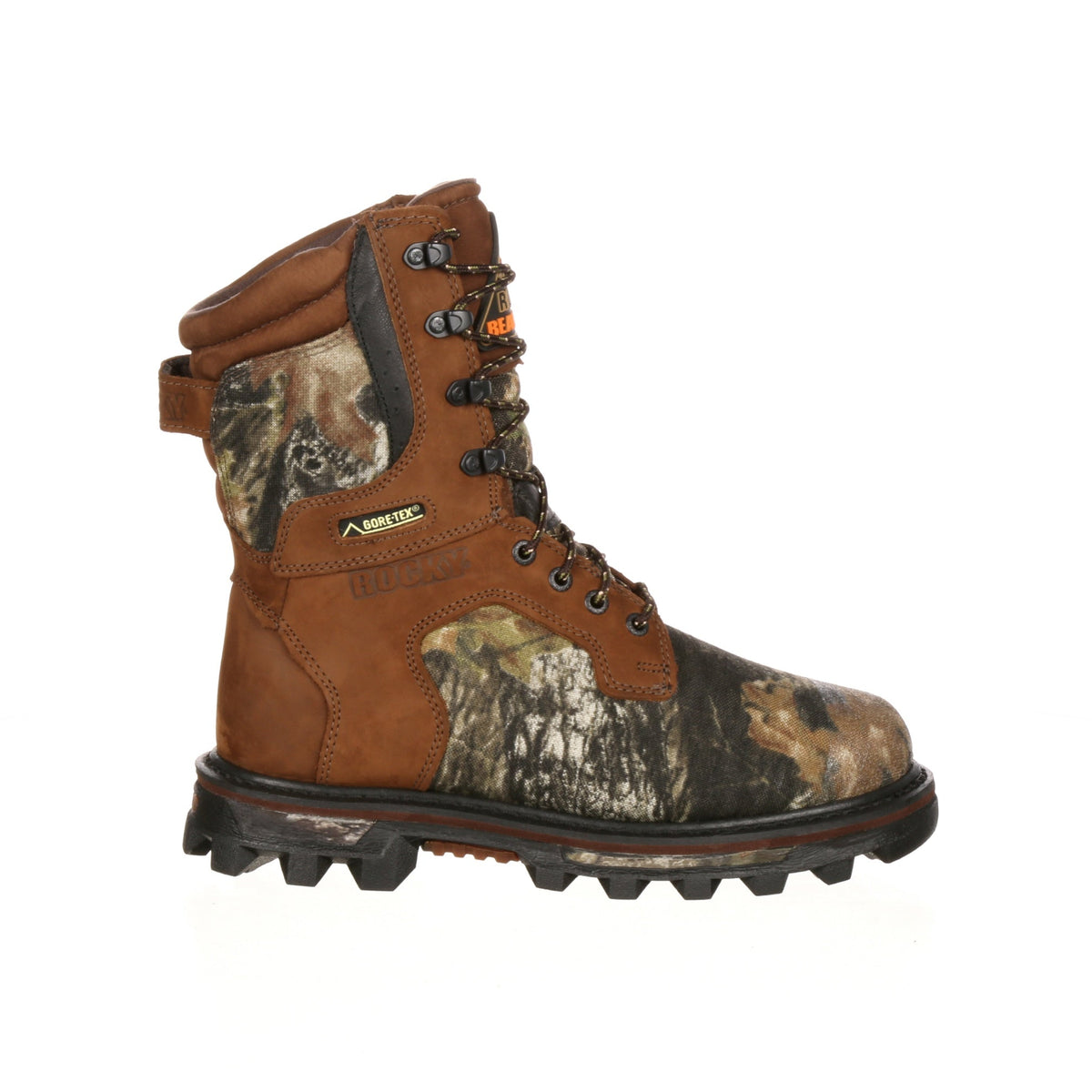 Allen's Bootery Rocky BearClaw waterproof hunting boot in brown leather and Mossy Oak camouflage with 1000G insulation