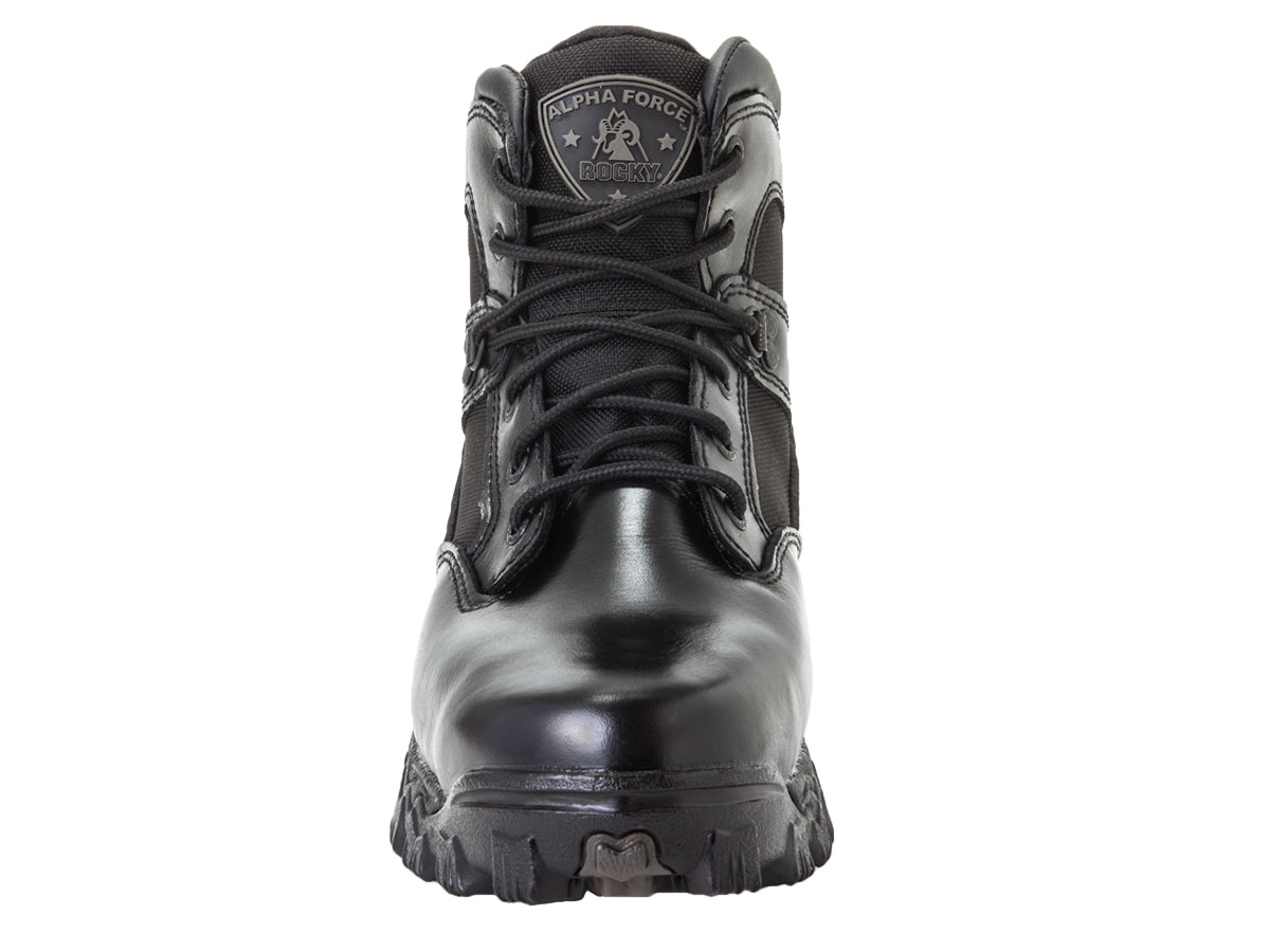 Allen's Bootery Rocky Alpha Force black waterproof composite toe public service boot, front view.