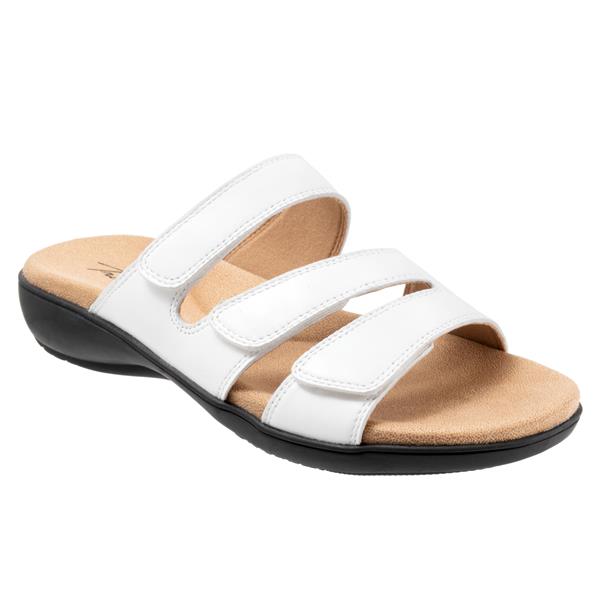 Allen's Bootery Rose white leather sandals with three adjustable hook and loop straps and cushioned memory foam footbed