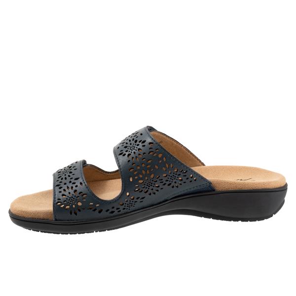 Allen's Bootery Ruthie navy leather two-band slide sandals with geometric laser-cut details and cushioned footbed.