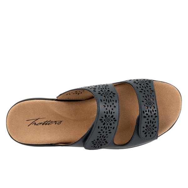 Allen's Bootery Ruthie navy leather two-band slide sandal with geometric laser-cut details and cushioned footbed