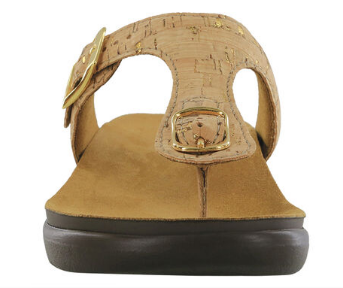 Allen's Bootery Sanibel gold cork toe-post sandal with adjustable gold buckle and cushioned brown insole