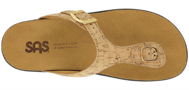 Allen's Bootery Sanibel gold cork toe-post sandal with adjustable buckle and cushioned insole