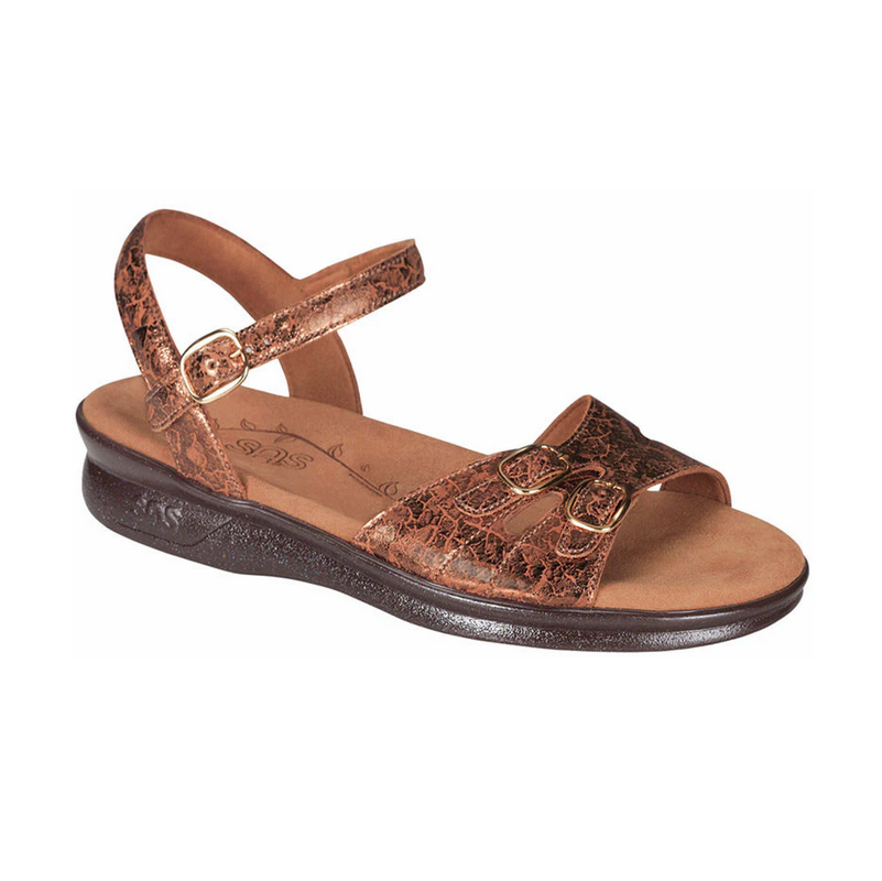 Allen's Bootery SAS Duo 25 bronze metallic textured leather quarter strap sandal with adjustable buckles
