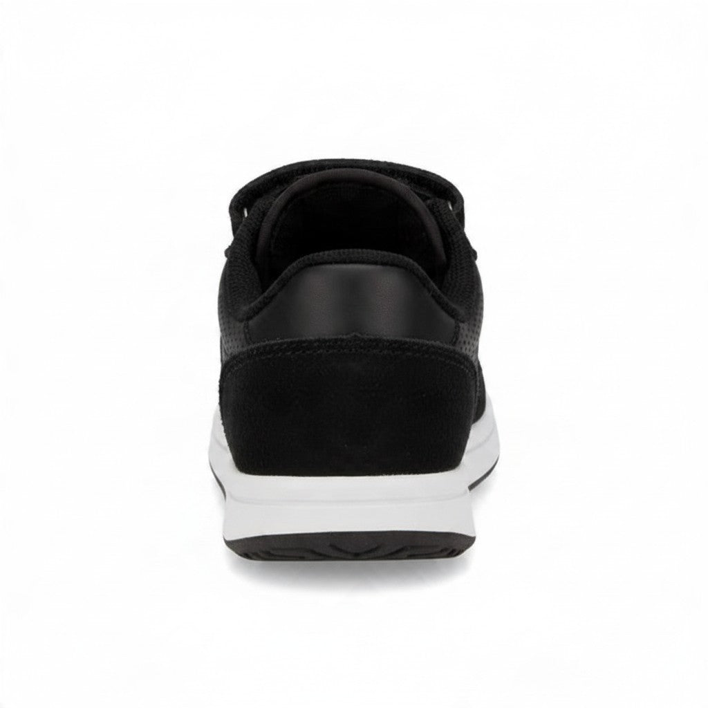 Allen's Bootery black Saucony Jazz infant sneaker, rear view showing suede and nylon heel with white EVA midsole.