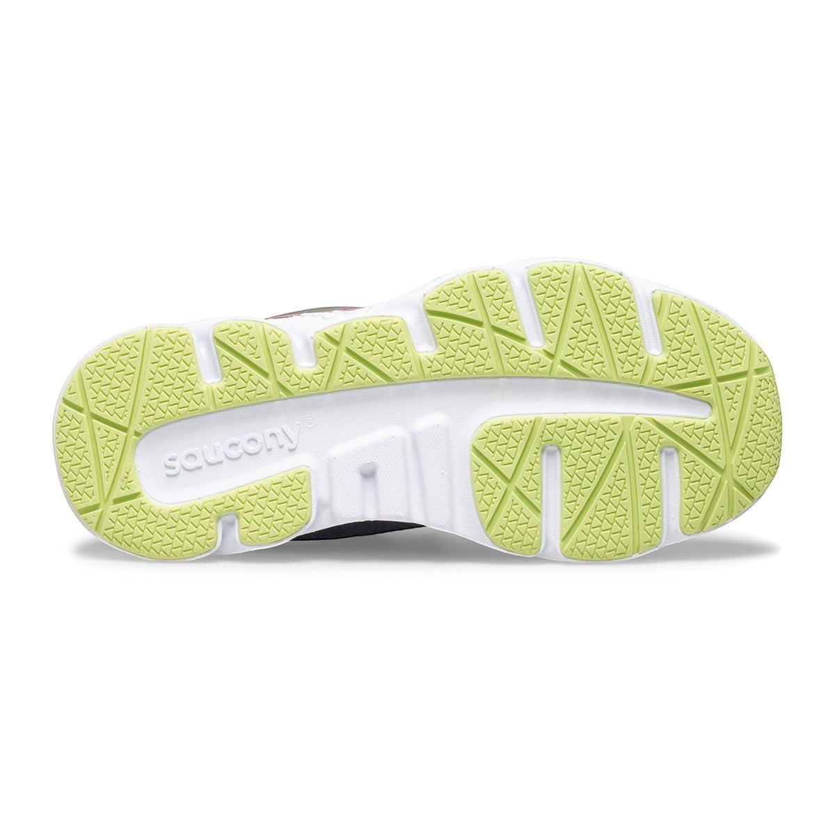 Allen's Bootery Saucony Wind Shield youth running shoe showing the durable non-marking lime green rubber outsole
