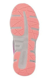Allen's Bootery Saucony Wind little kid sneaker showing the pink and gray non-marking traction rubber outsole