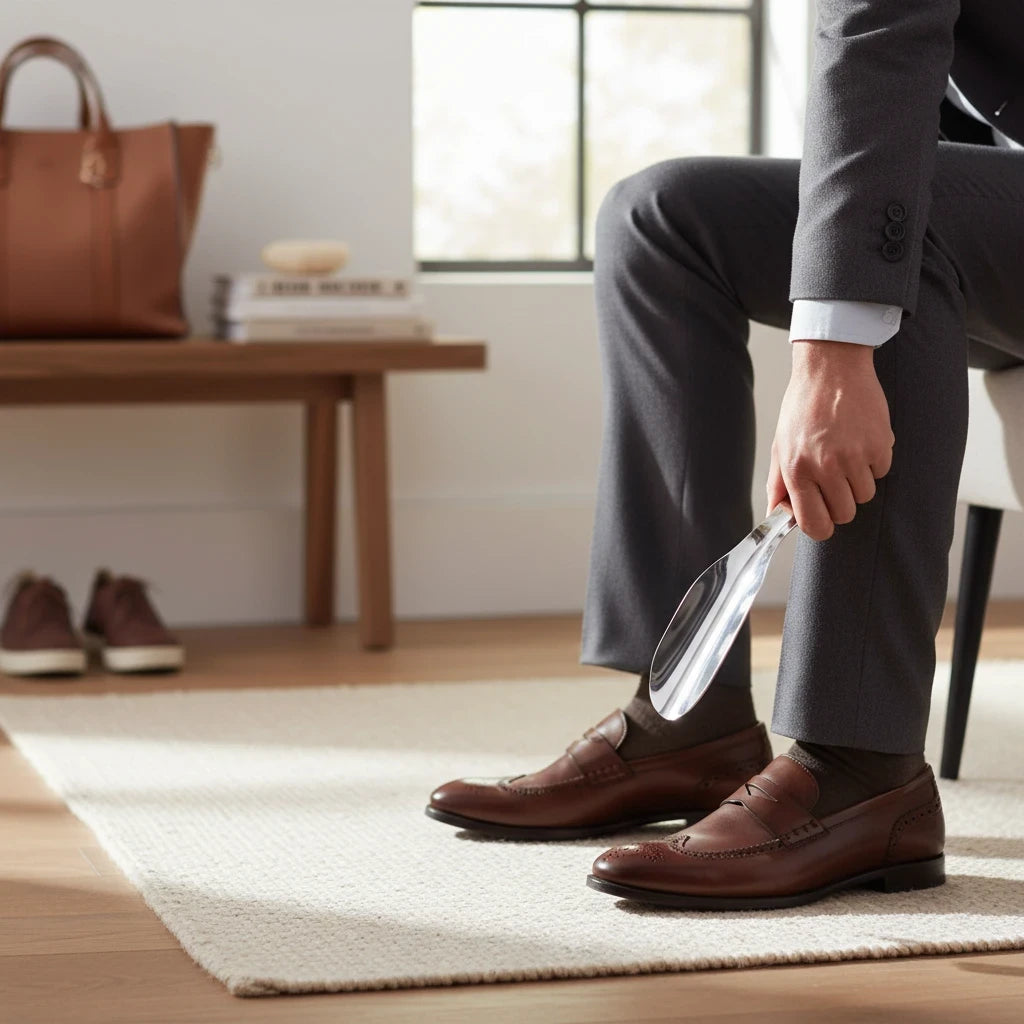 Allen's Bootery 7.5-inch professional silver metal shoe horn held by a man in a suit and brown leather loafers