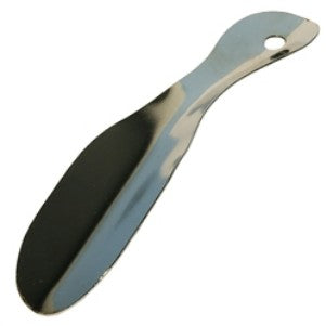 Allen's Bootery 7.5 inch professional silver metal shoe horn with a smooth contoured design and hanging hole