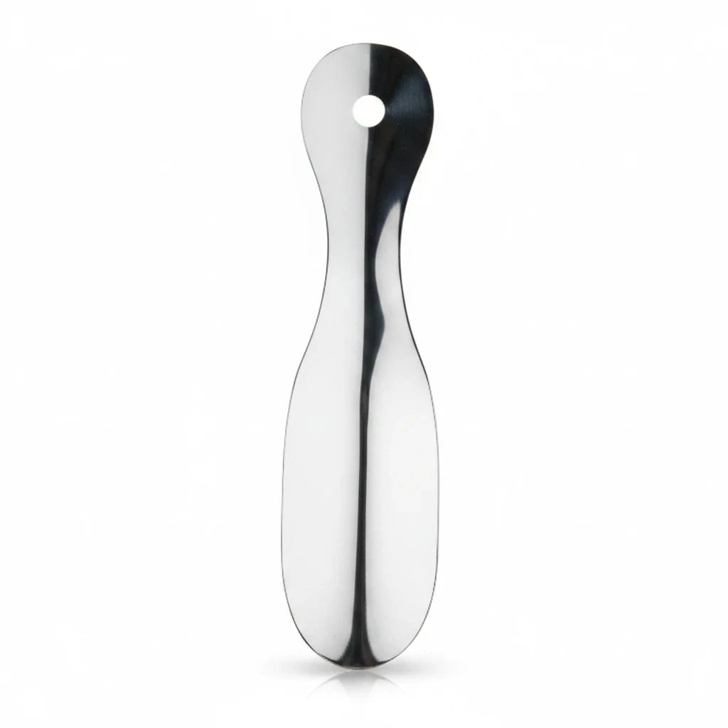 Allen's Bootery 7.5-inch professional silver metal shoe horn with a convenient hanging hole for easy storage.