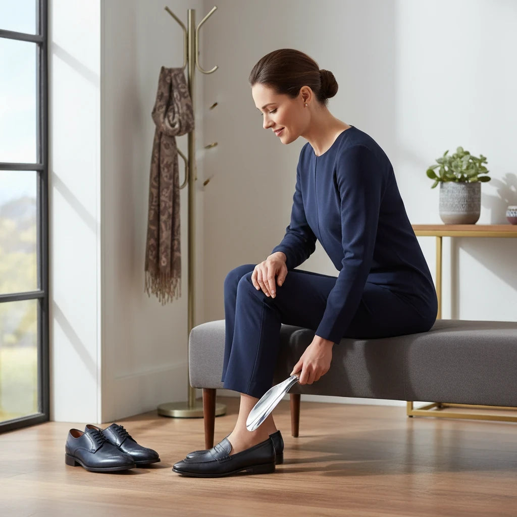 Allen's Bootery 7.5-inch professional silver metal shoe horn being used by a woman sitting on a bench