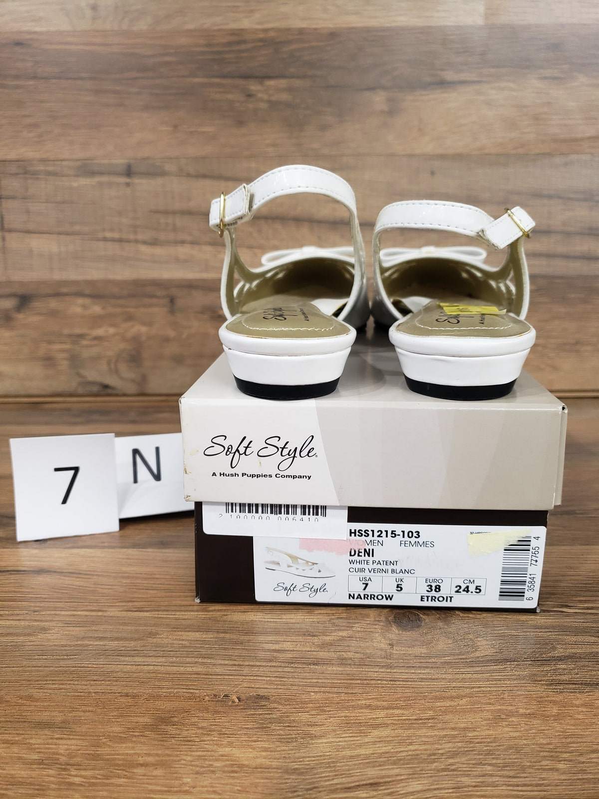 Allen's Bootery Soft Style by Hush Puppies Deni white patent leather slingback flats with bow detail on shoe box