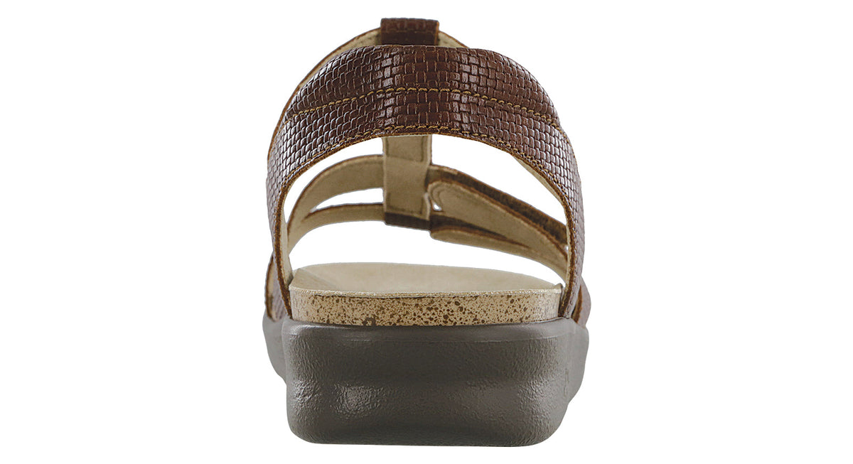 Allen's Bootery Sorrento woven brandy leather sandal back view with adjustable straps and cushioned sole