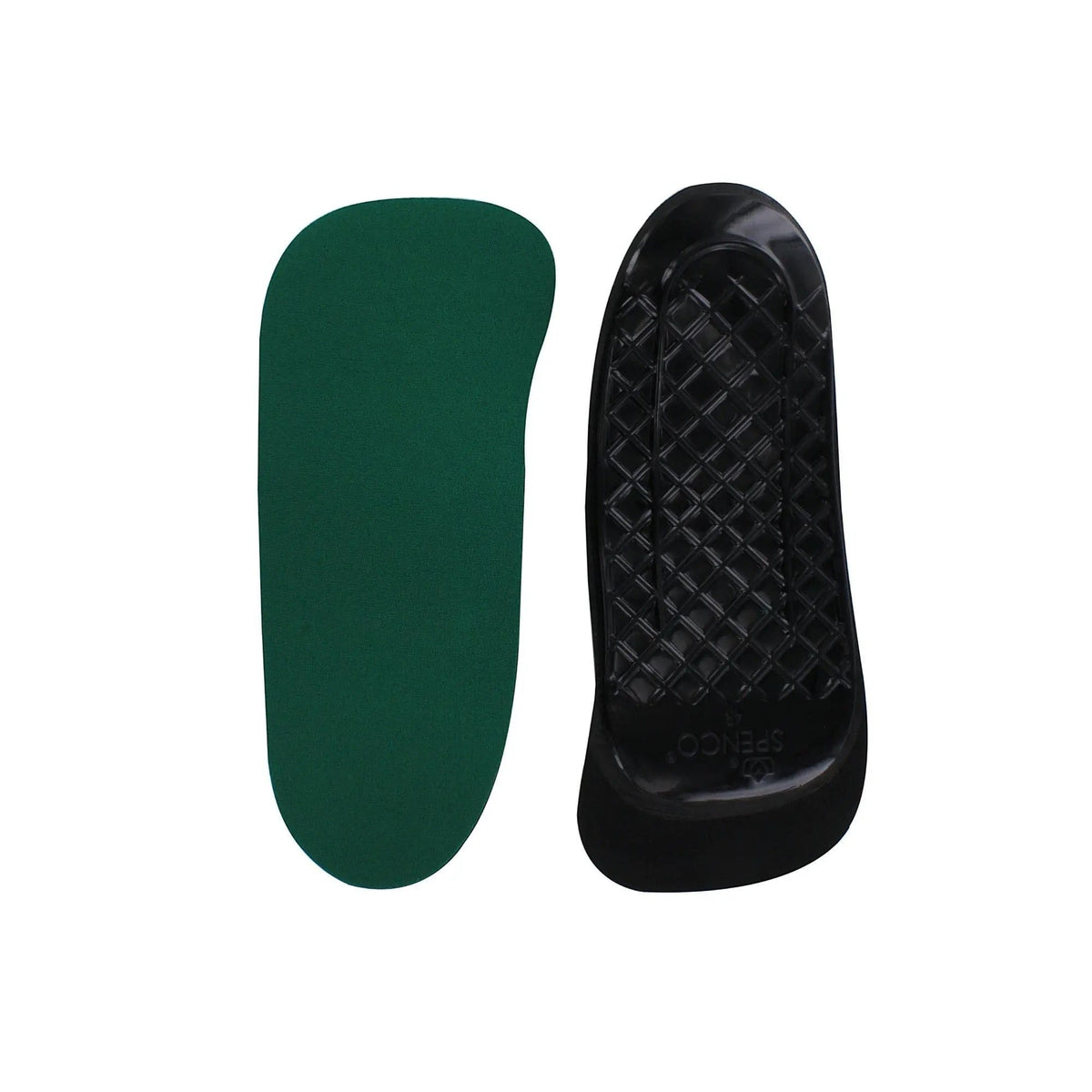 Allen's Bootery Spenco 3/4 orthotic arch support insoles with green fabric top and black molded plastic base.