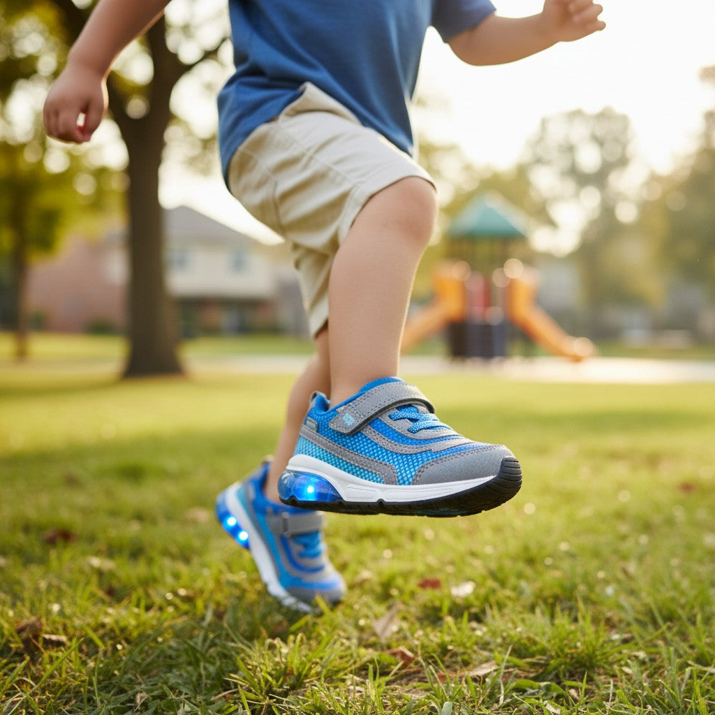 Allen's Bootery Stride Rite M2P Surge Bounce grey and blue athletic sneakers with lights on a child in a park