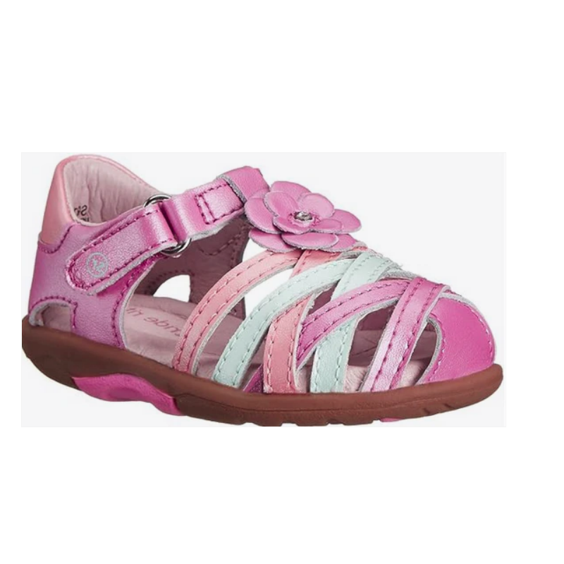 Allen's Bootery Stride Rite toddler sandal in pink and white with a floral accent and supportive SRT sole