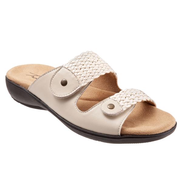 Allen's Bootery Terri bone-colored slide sandals featuring woven straps, adjustable hook-and-loop closures, and memory foam.