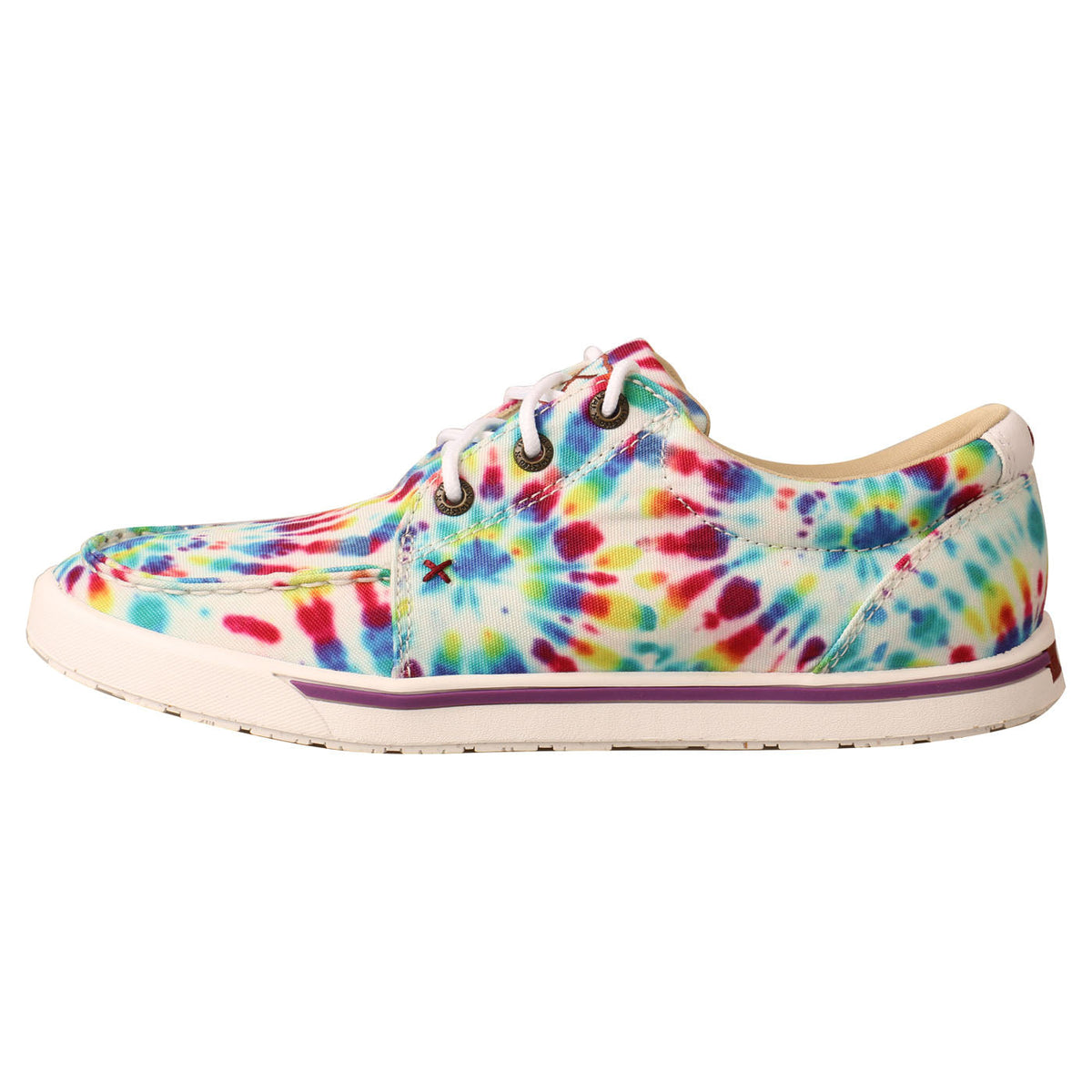 Allen's Bootery Twisted X women's tie-dye canvas Kicks sneakers with white laces and molded rubber outsole.