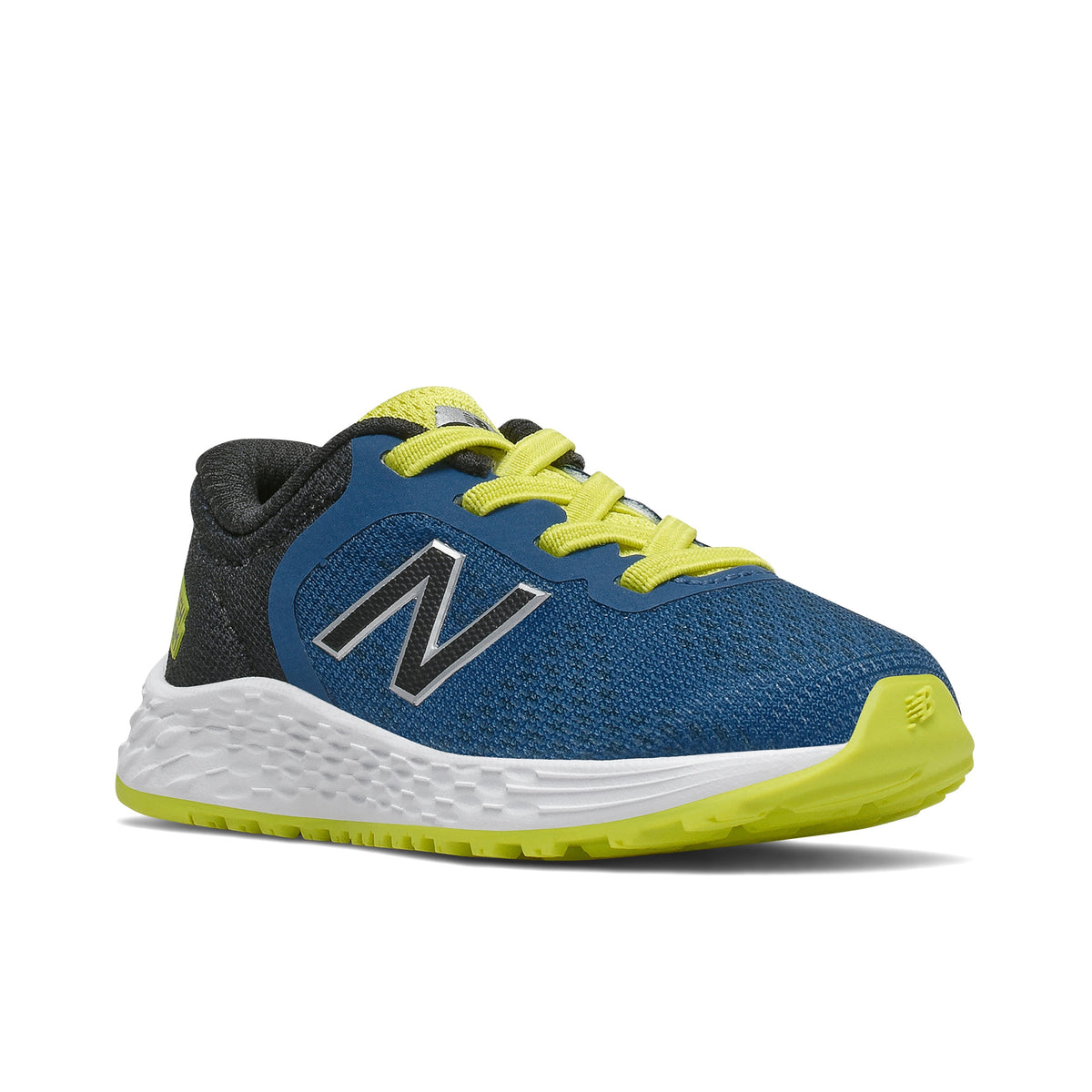 Allen's Bootery toddler Arishi v2 sneaker in blue and lime green mesh with bungee closure and white EVA midsole