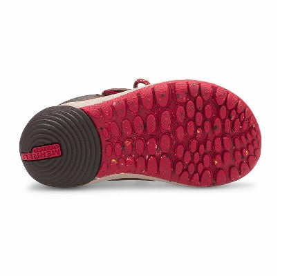 Allen's Bootery infant Bare Steps boot showing the flexible red rubber outsole with multi-directional grip pattern