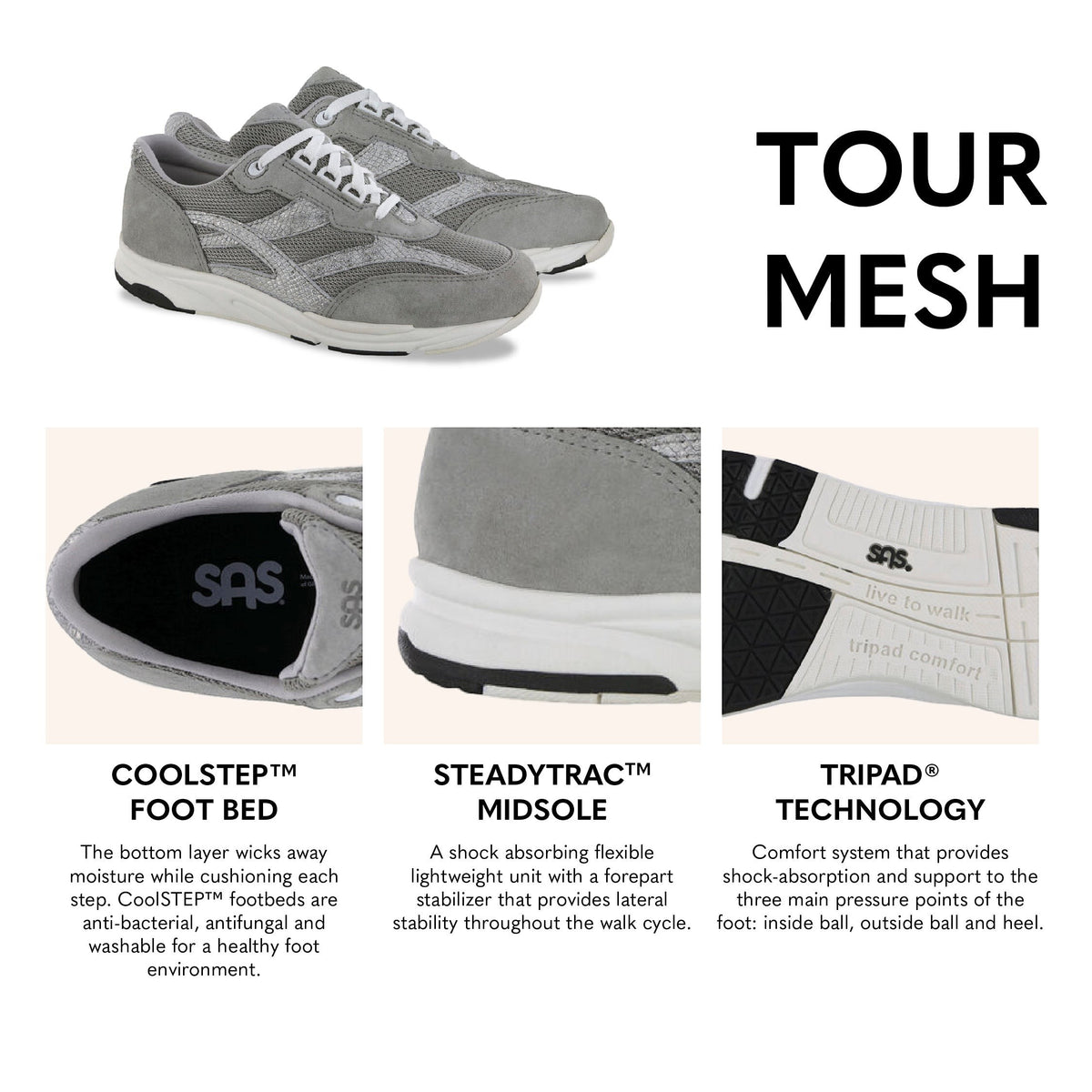 Allen's Bootery Tour Mesh silver athletic sneakers featuring breathable mesh, shock-absorbing midsoles, and lace-up fit