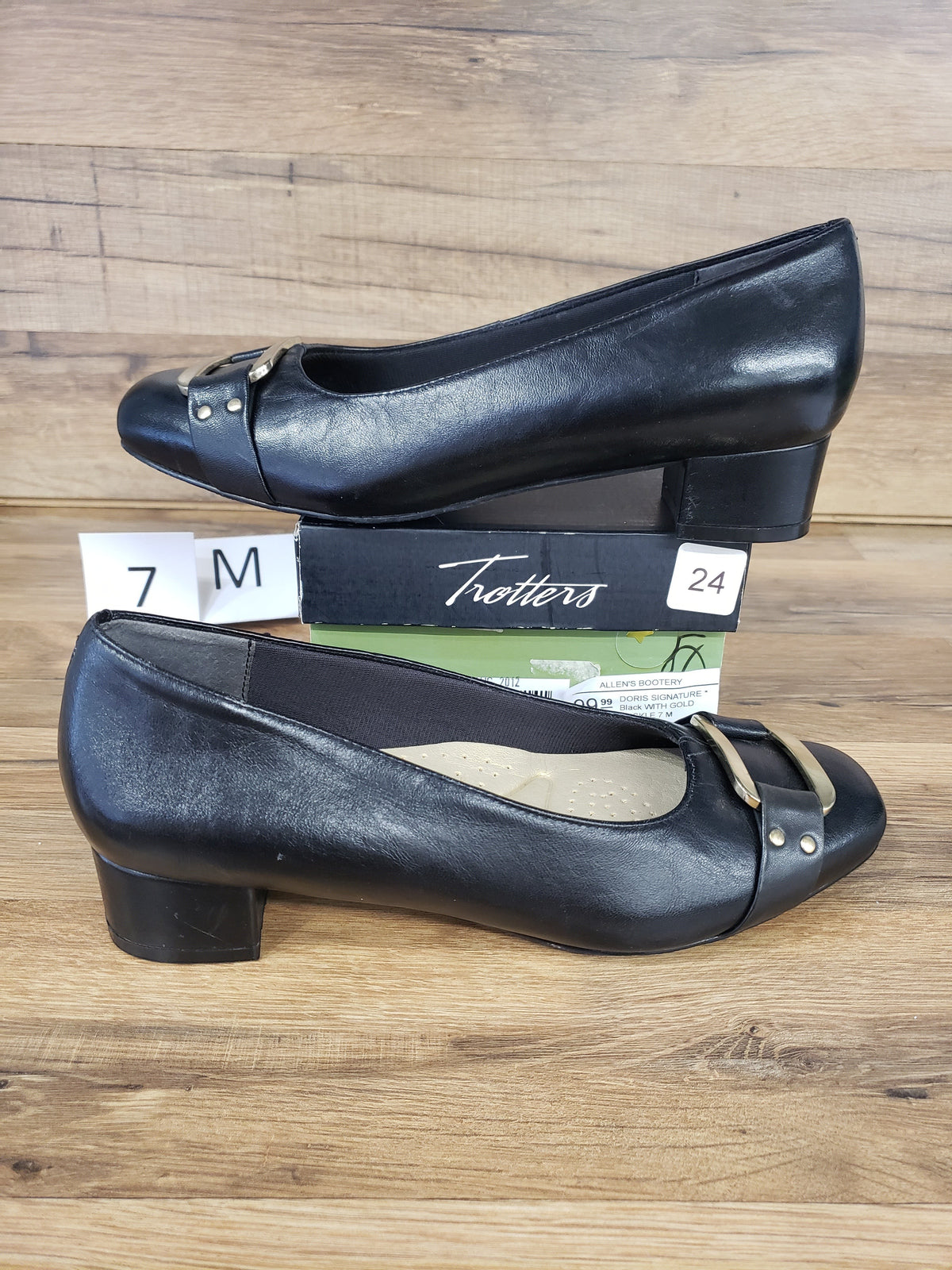 Allen's Bootery Trotters Doris Signature black leather dress shoes with gold buckle and low block heel