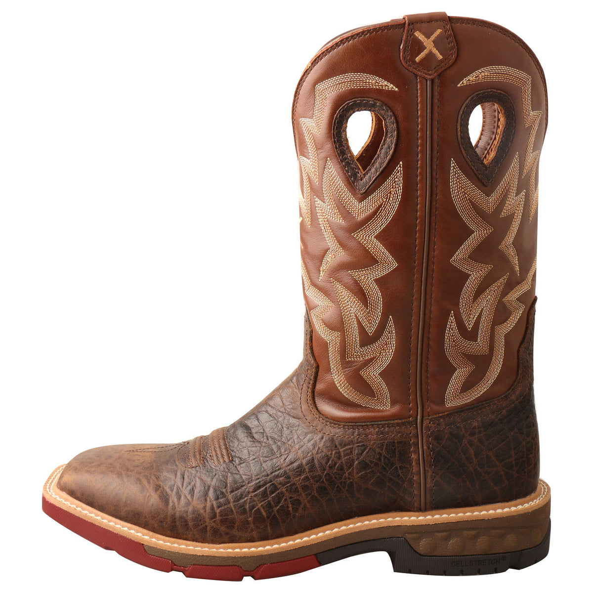 Allen's Bootery Twisted X men's 12-inch waterproof alloy toe western work boot in chocolate and spice full-grain leather
