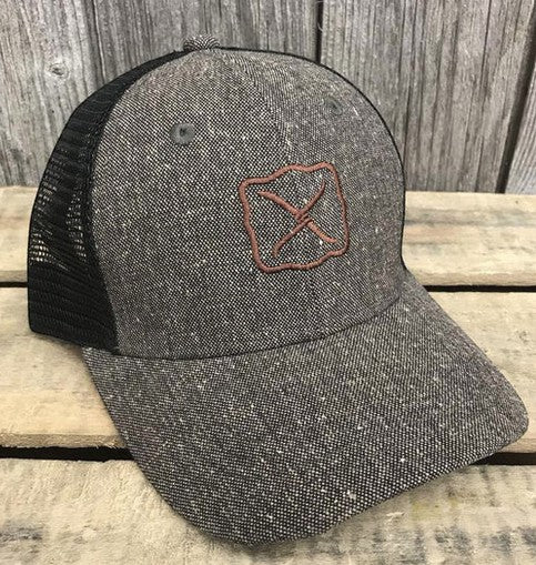Allen's Bootery Twisted X trucker hat in charcoal tweed with black mesh back and brown embroidered logo