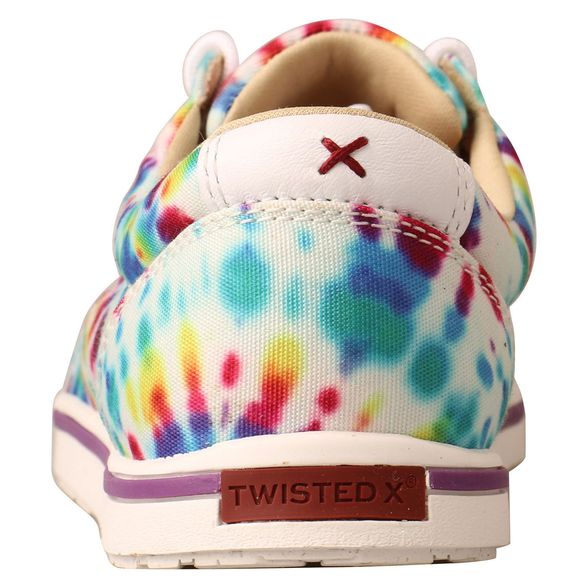 Allen's Bootery Twisted X tie-dye canvas Kicks sneakers, rear view showing white rubber sole and branded heel tab.