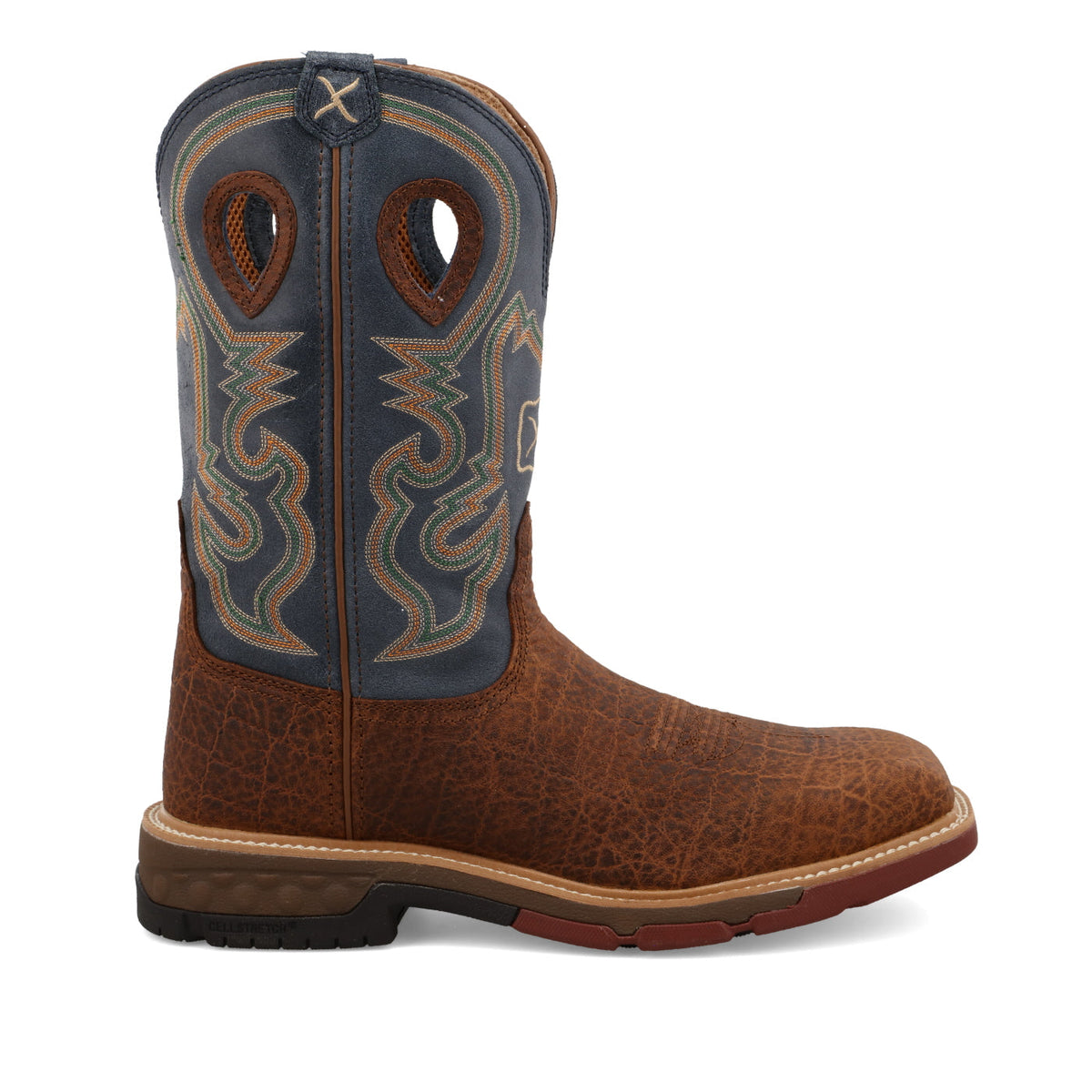 Allen's Bootery Twisted X men's 12-inch distressed leather western alloy toe work boot in saddle and peacock blue.